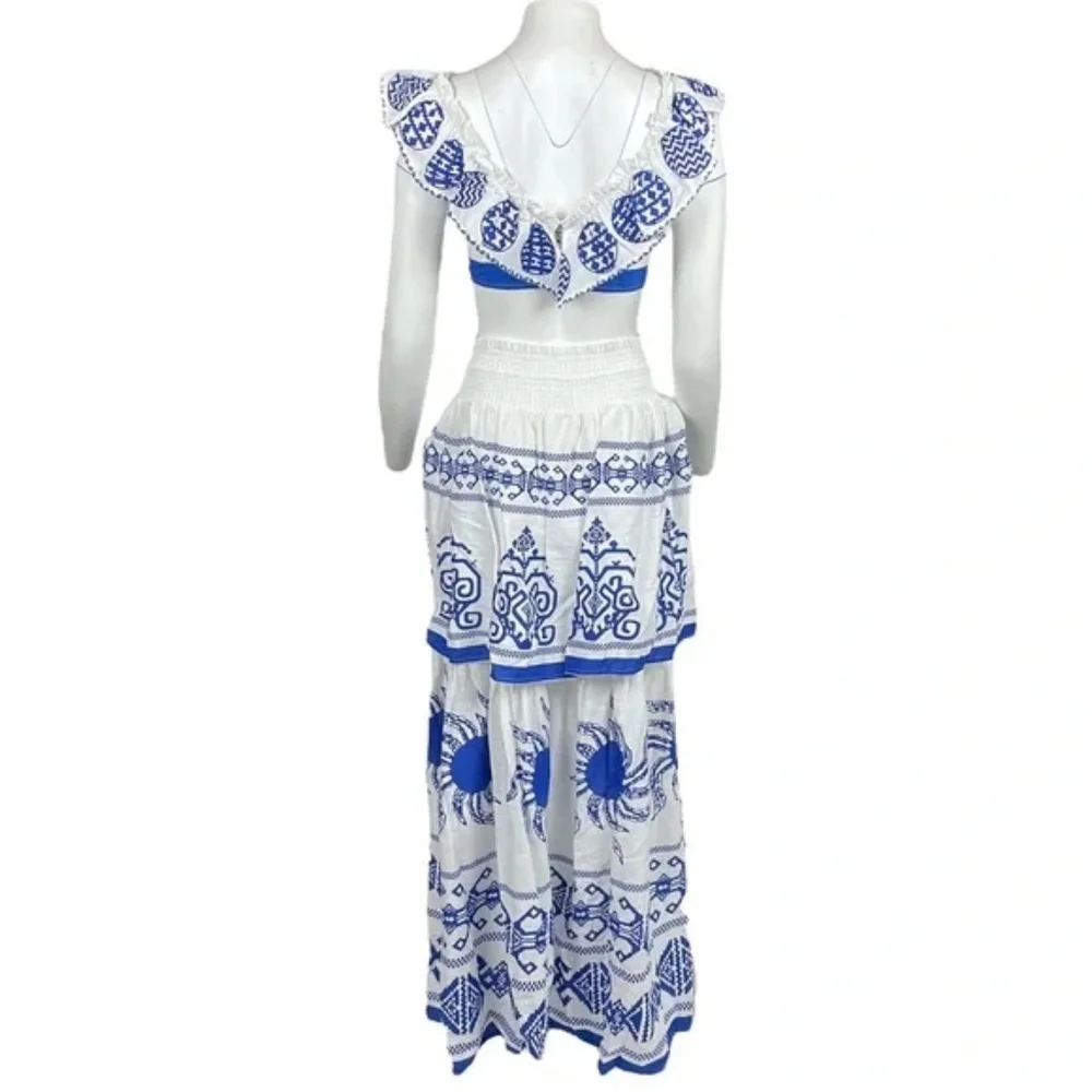 Blue White Tiered Maxi Skirt Set Ruffle Crop Top NWT